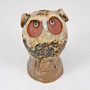 VTG Studio Art Pottery Owl Bird on Perch Figurine Sculpture Signed 3" Red Clay
